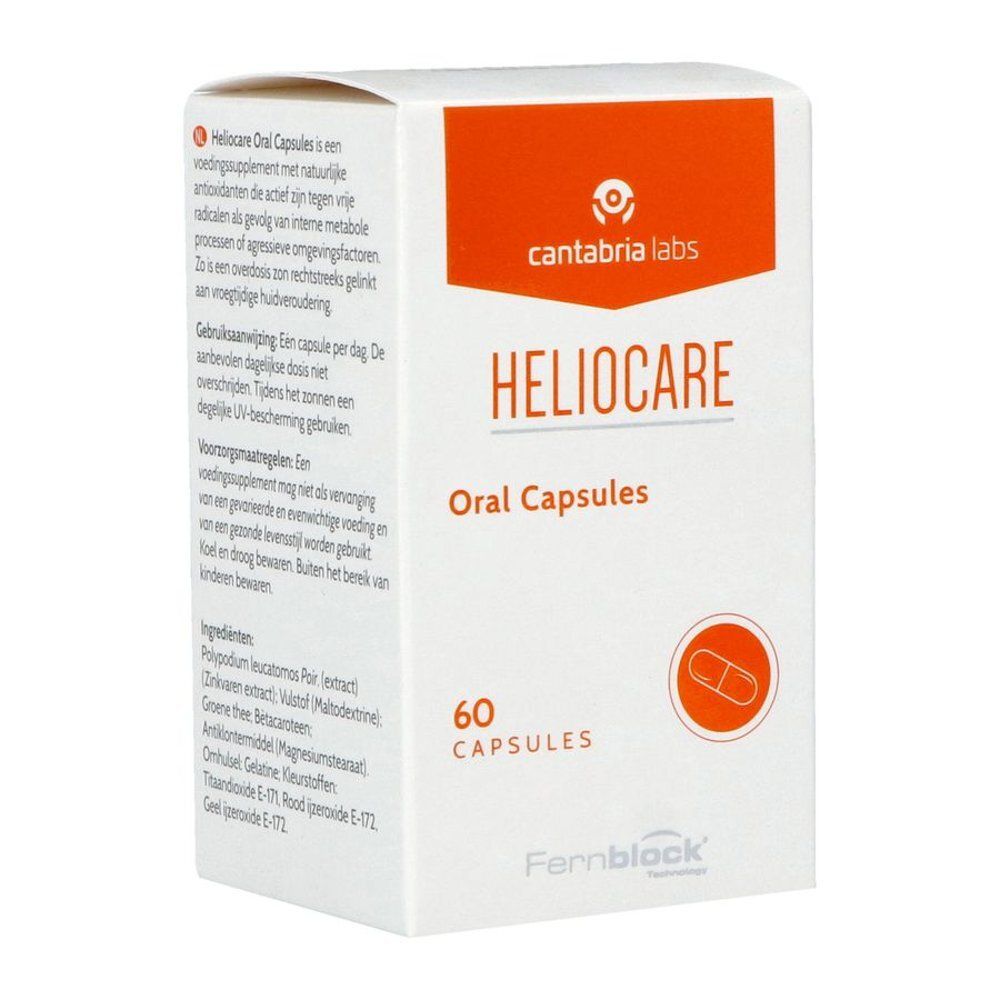 Flacon transparent, bouchon blanc. Contient des gélules brunes. Étiquette "HELIOCARE Oral Capsules" et 60 gélules.