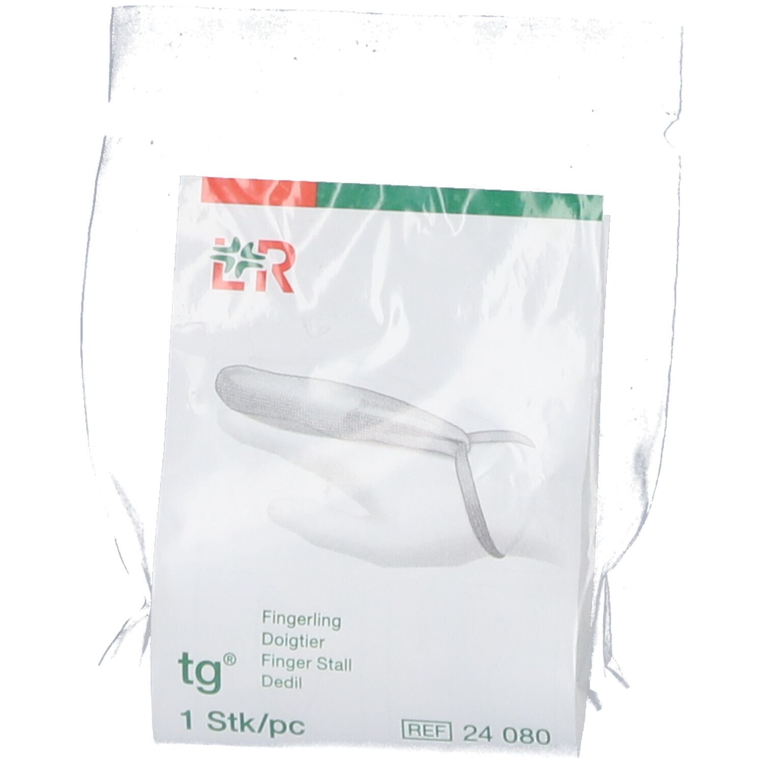 Doigtier en sachet plastique. Inscription avec nom du produit, logo et "1 Stk/pc".