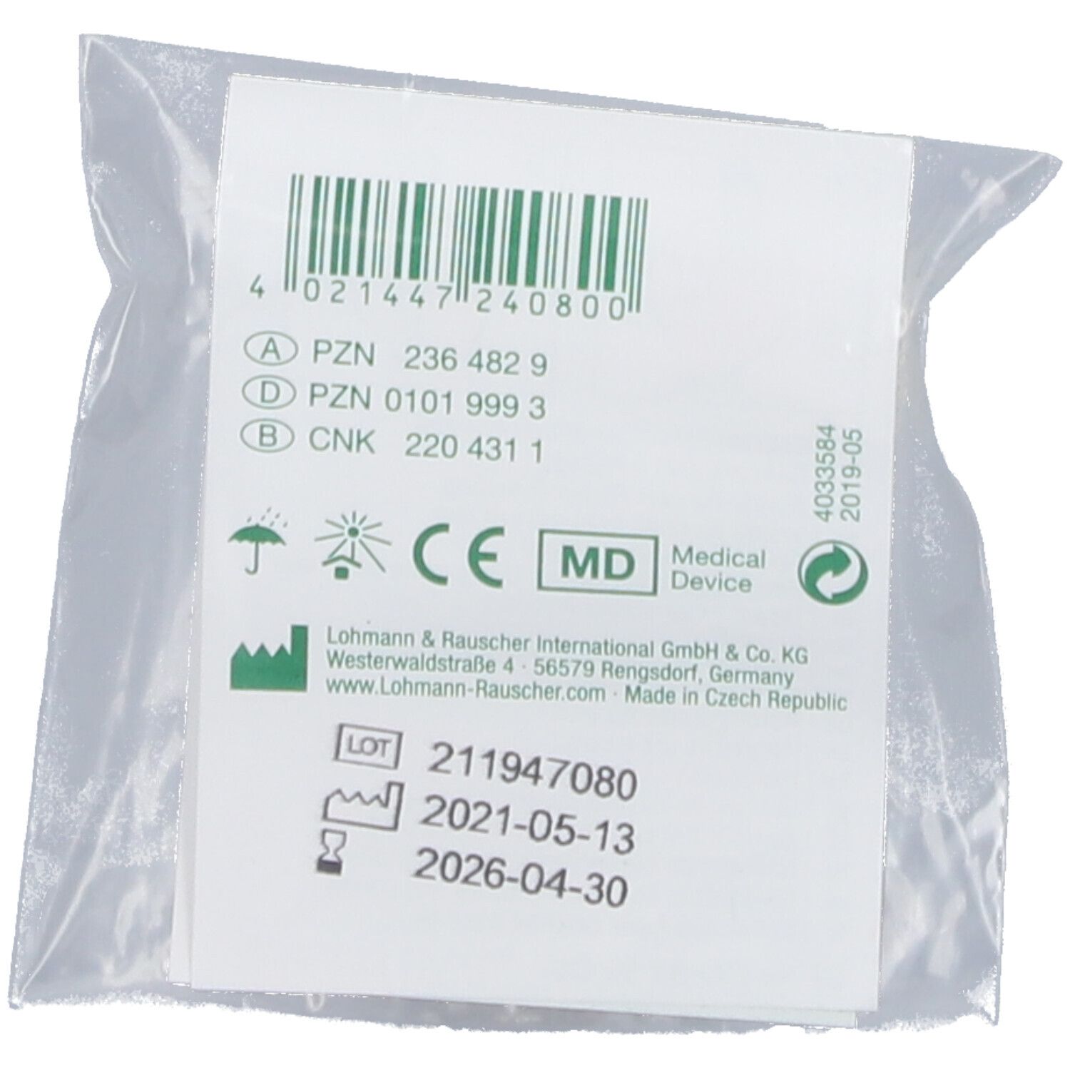 Dos du sachet plastique avec code-barres, marquage CE, informations fabricant et numéro de lot.