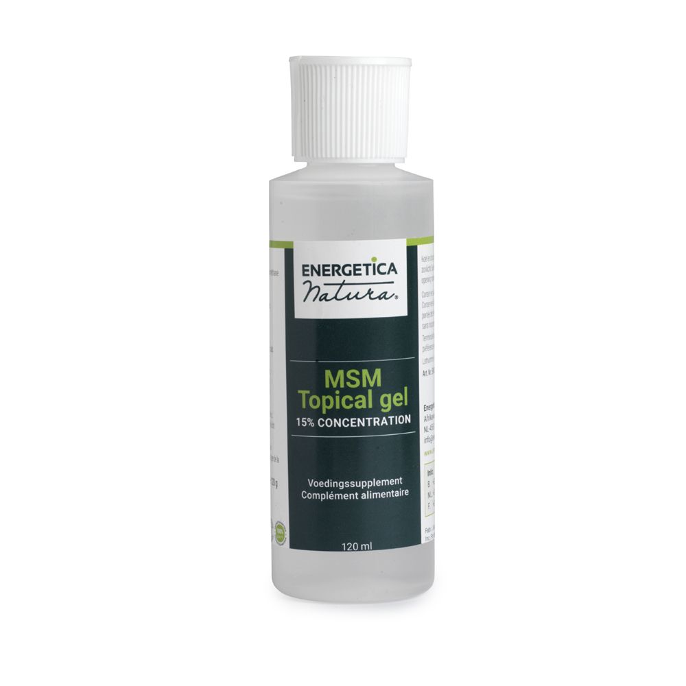 Flacon transparent avec bouchon blanc. Inscription: MSM Topical Gel. Marque: Energetica Natura. Complément alimentaire. 120 ml.