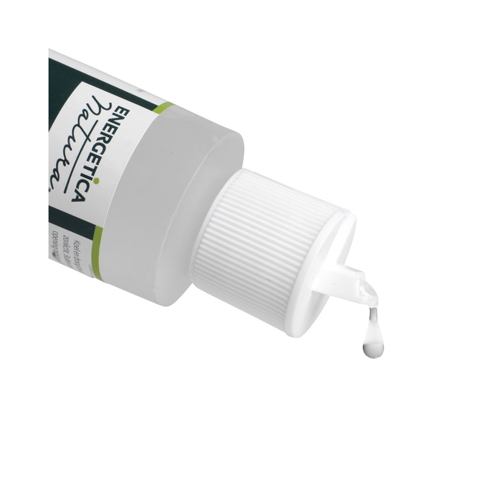 Gros plan du col du flacon. Goutte de gel. Bouchon blanc. Marque: Energetica Natura. MSM Topical Gel.