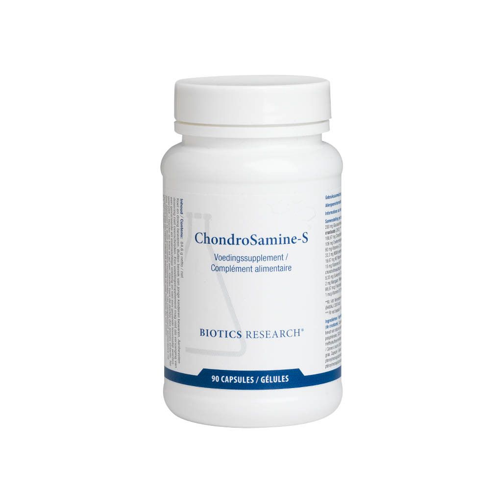 Flacon blanc ChondroSamine-S, 90 gélules. BIOTICS RESEARCH. Bouchon.