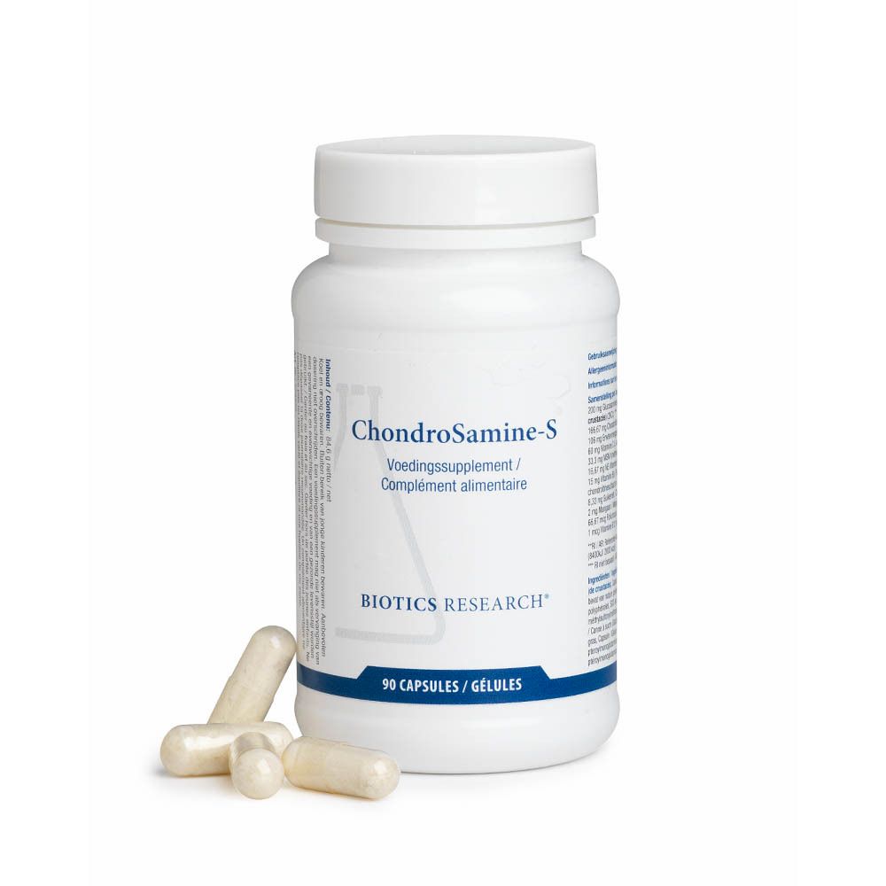 Flacon blanc ChondroSamine-S, 90 gélules. BIOTICS RESEARCH. Gélules à côté.