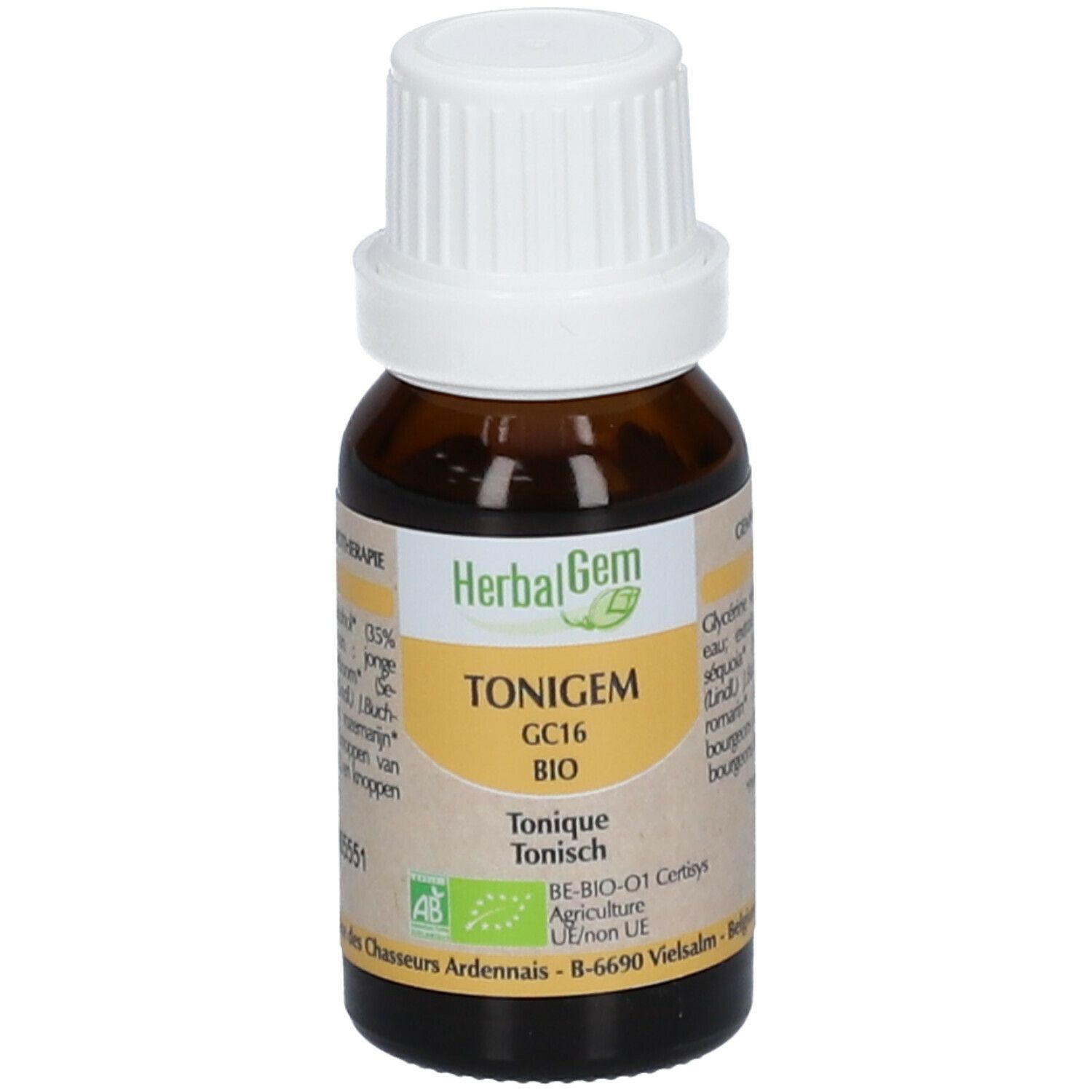 Flacon en verre brun, bouchon blanc. Étiquette TONIGEM, GC16, BIO. Label Agriculture UE.