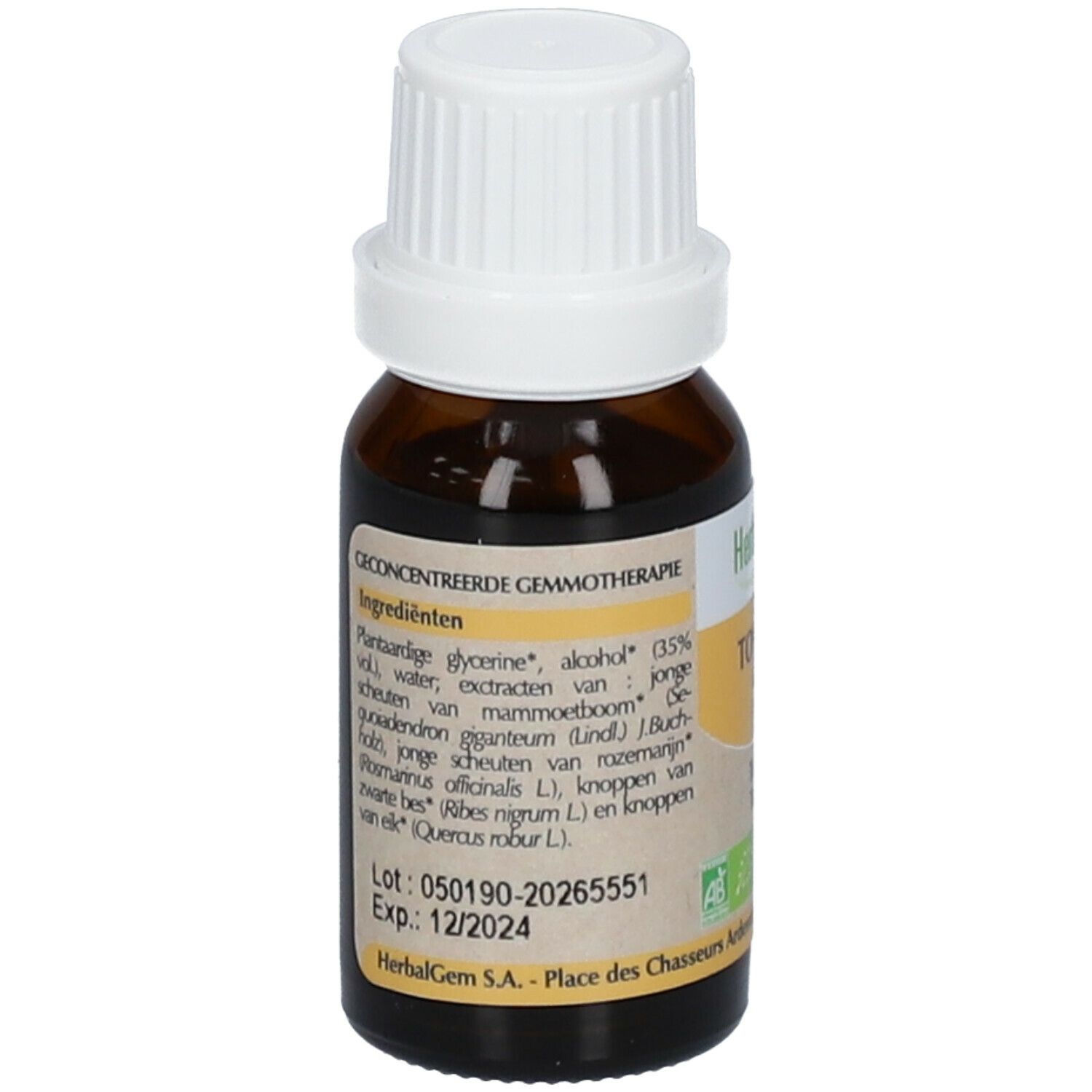 Flacon brun, bouchon blanc. Ingrédients: glycérine, alcool, eau, extraits végétaux. Lot et date d'expiration.