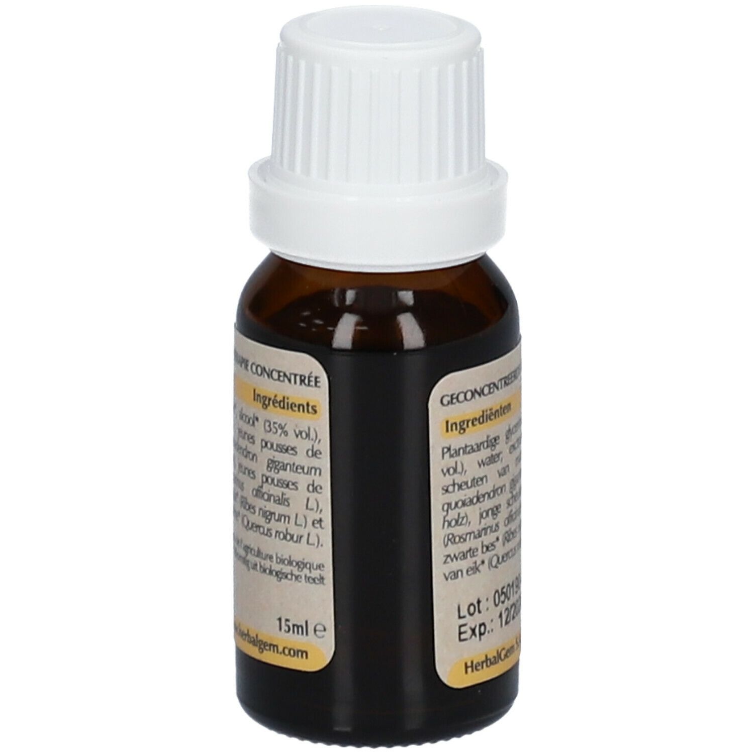 Flacon brun, bouchon blanc. Étiquette avec ingrédients et volume 15ml.