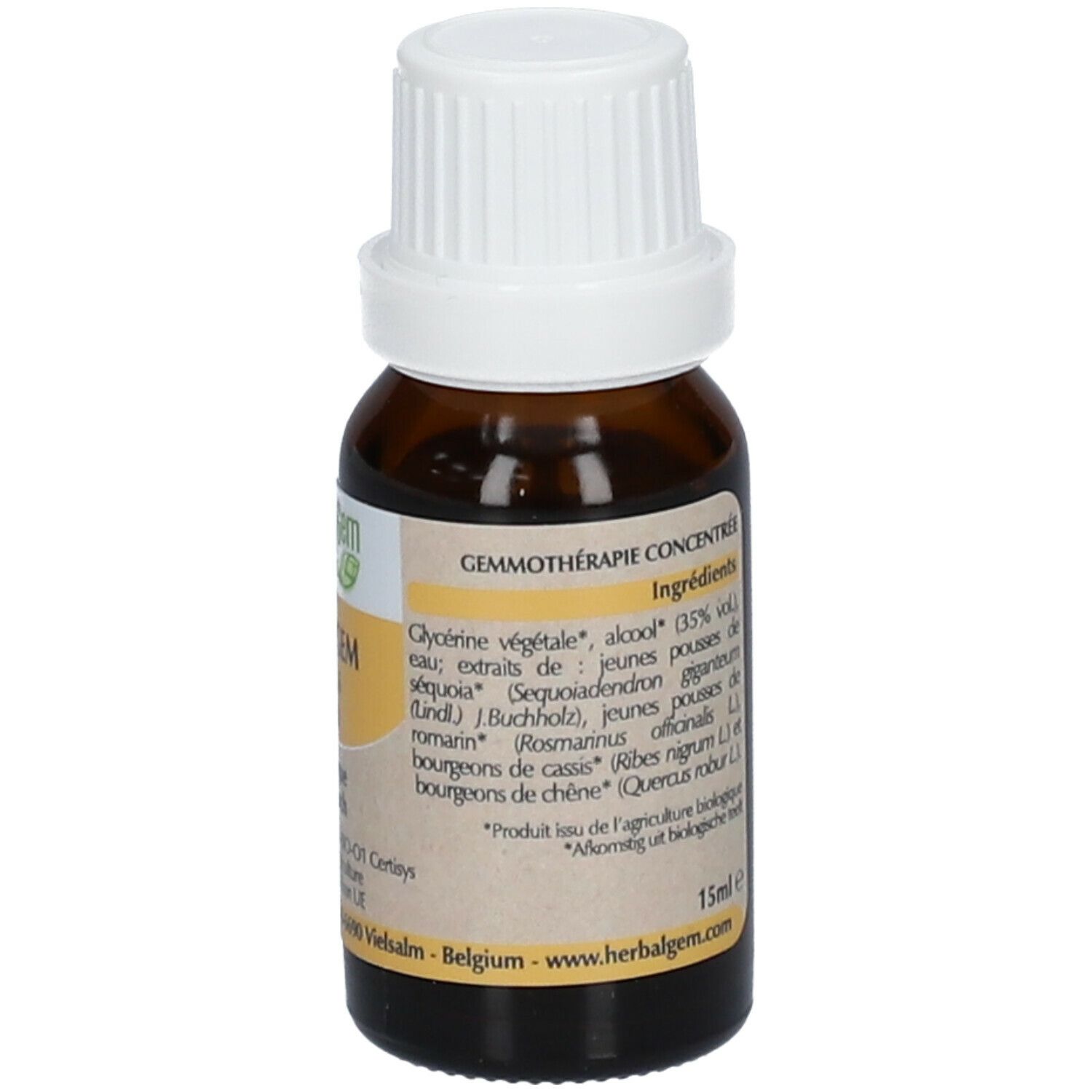 Flacon brun, bouchon blanc. Ingrédients et volume 15ml. Label Agriculture UE.