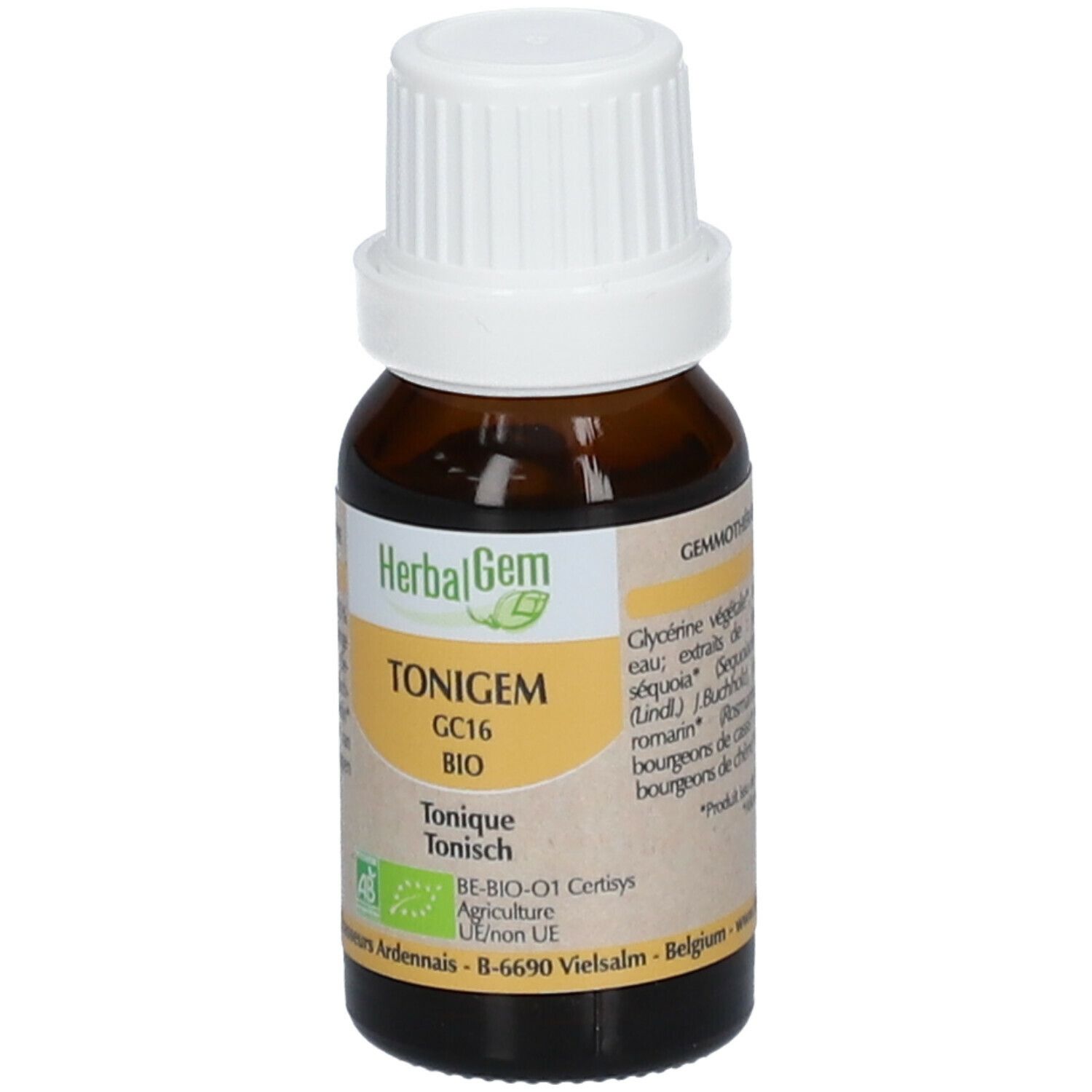 Flacon brun, bouchon blanc. Étiquette TONIGEM, GC16, BIO. Label Agriculture UE.