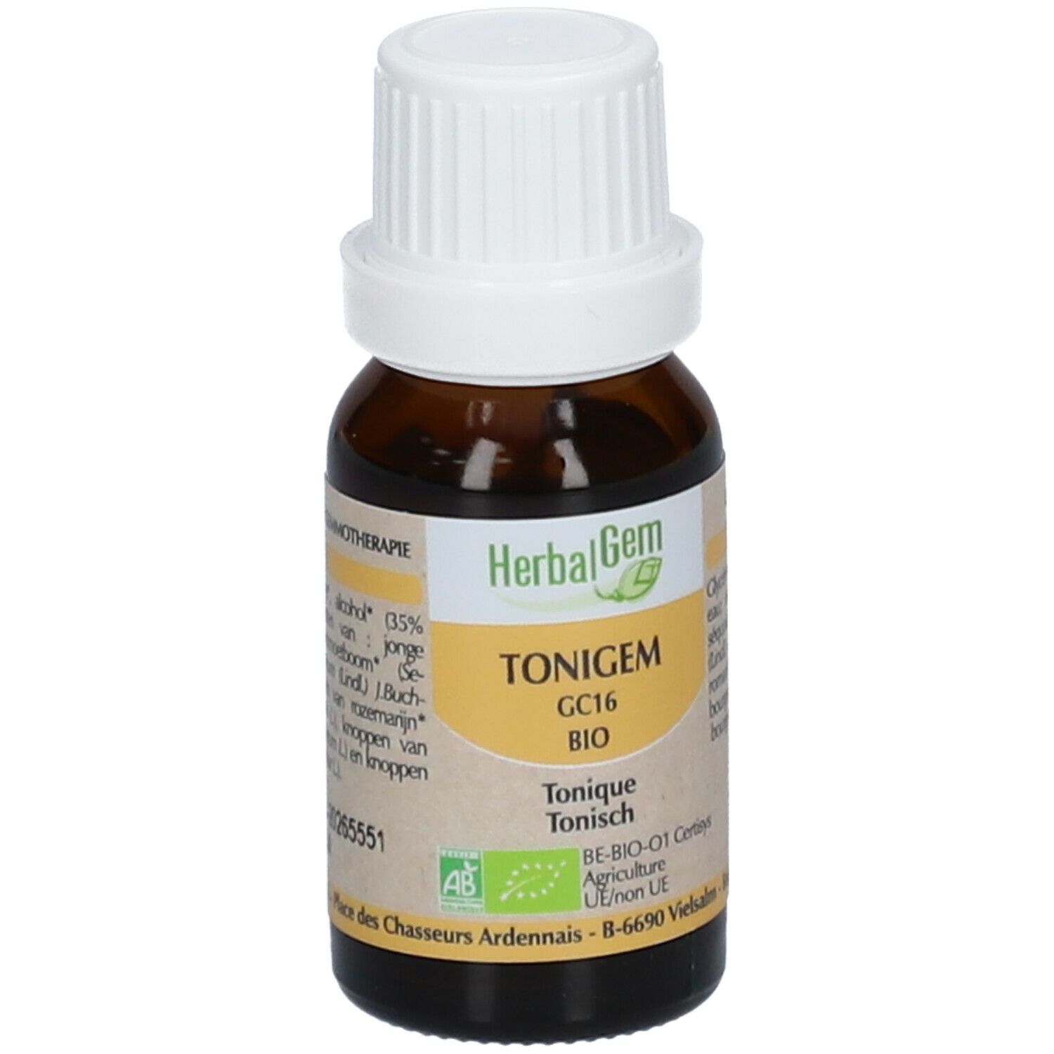 Flacon brun, bouchon blanc. Étiquette TONIGEM, GC16, BIO. Label Agriculture UE.