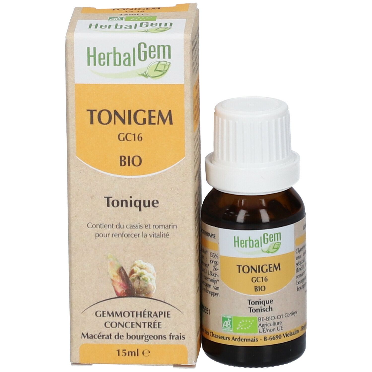 Flacon et boîte. Boîte avec TONIGEM, GC16, BIO. Illustration de plantes.