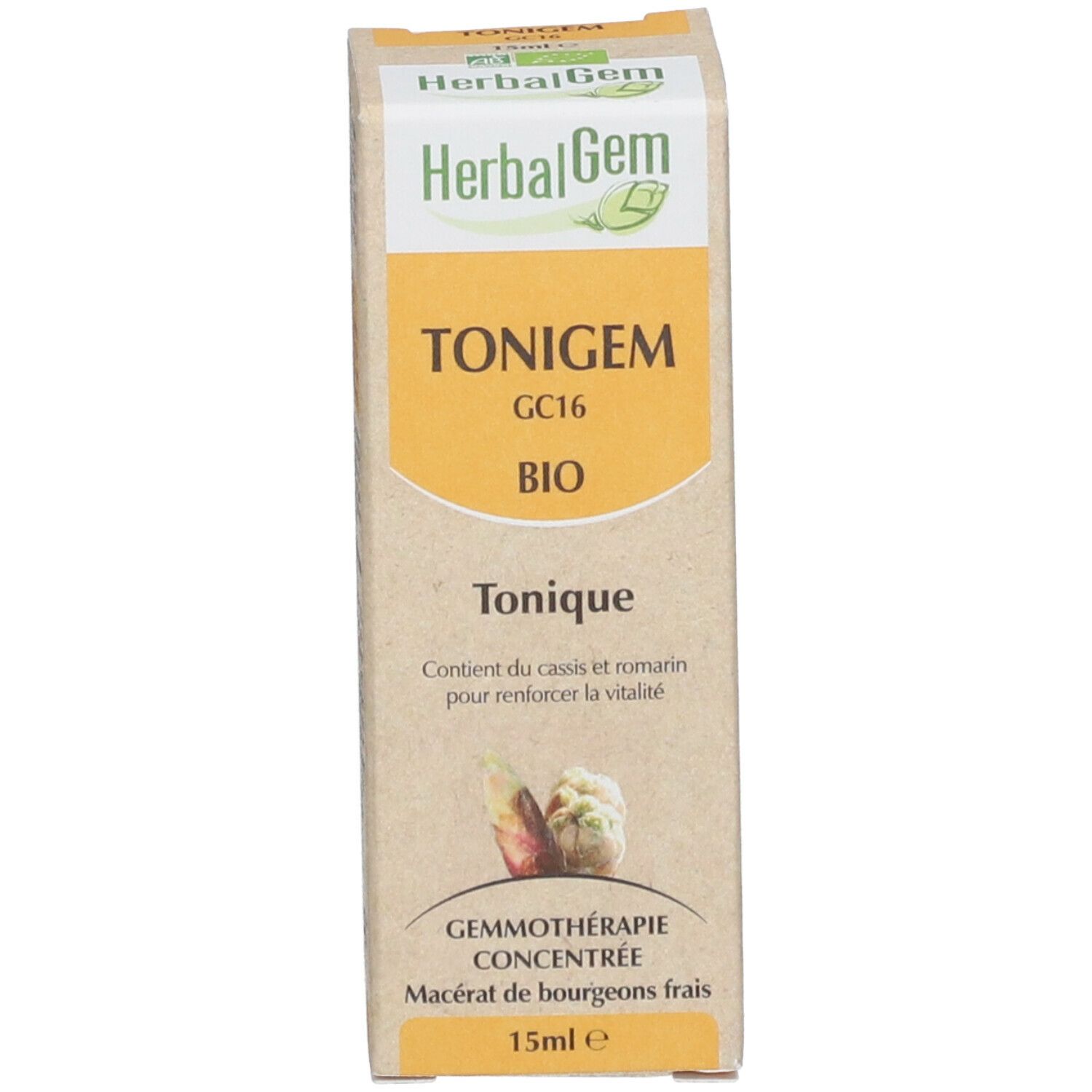 Boîte avec TONIGEM, GC16, BIO. Illustration de plantes. 15ml.