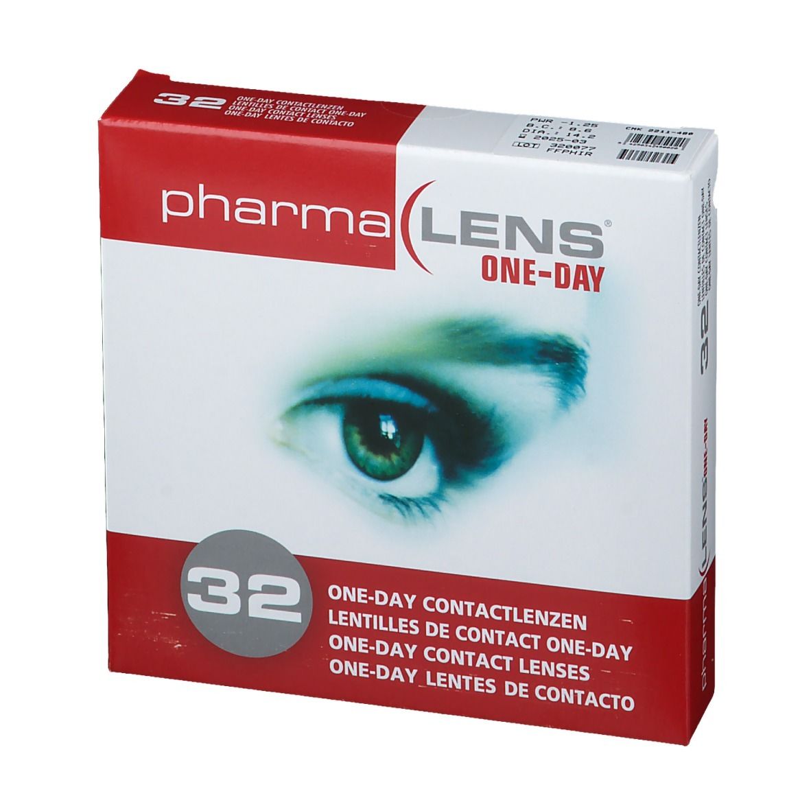 Boîte de lentilles de contact PharmaLens One-Day. Emballage rouge et blanc avec image d'œil et texte. Contient 32 lentilles.