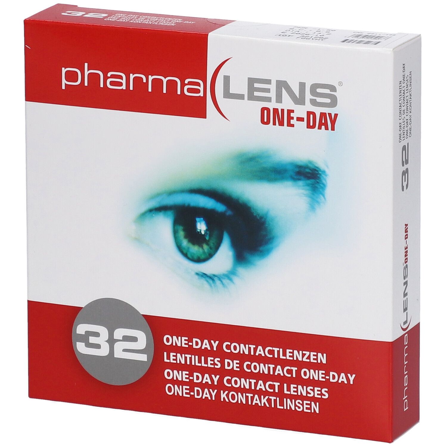 Boîte de lentilles de contact PharmaLens One-Day. 32 lentilles. Boîte rouge et blanche avec image d'un œil.