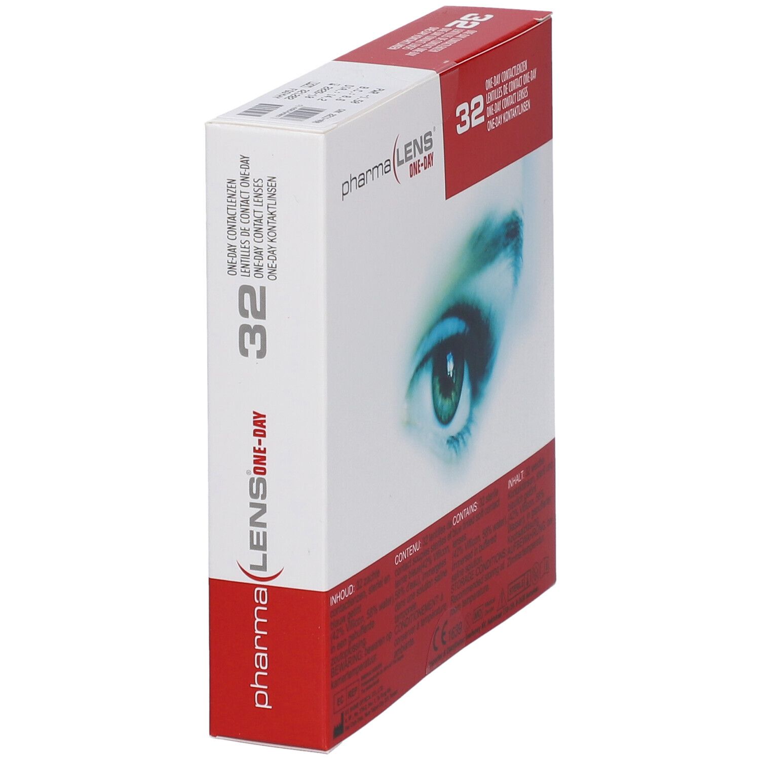 Boîte de lentilles PharmaLens One-Day. 32 lentilles. Vue latérale, boîte rouge et blanche avec texte.
