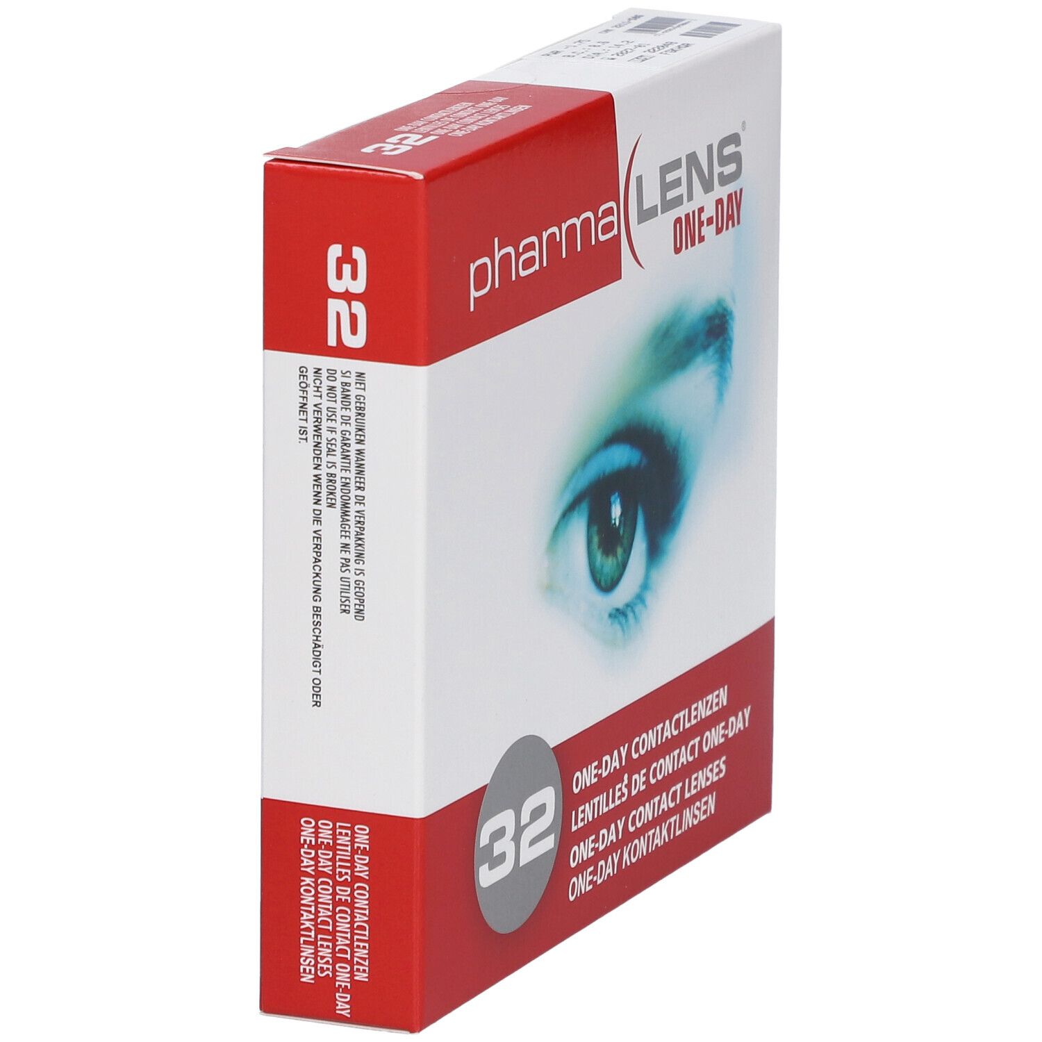 Vue en biais de la boîte de lentilles Pharma Lens One-Day, 32 unités. Visuel d'un œil.