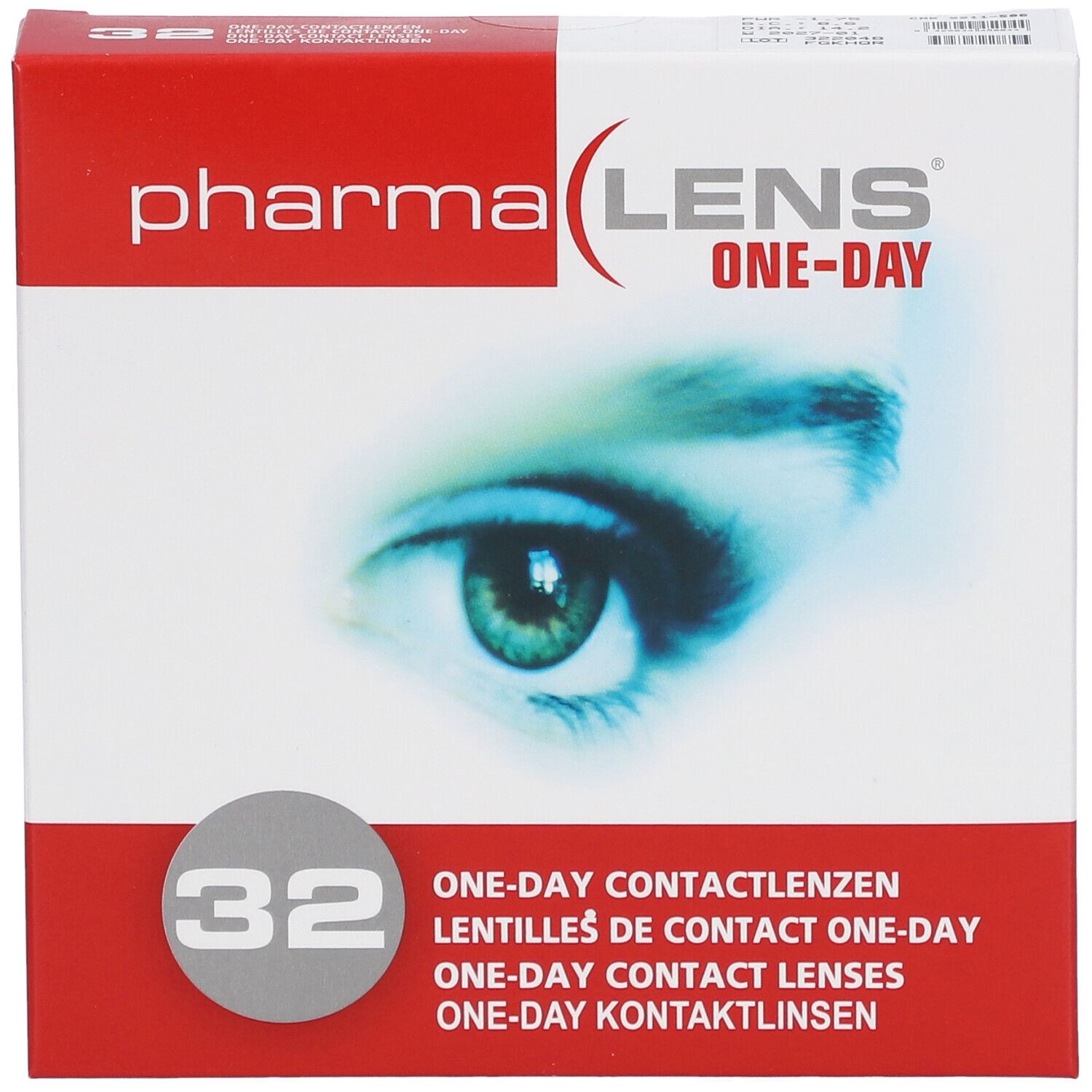 Boîte de lentilles Pharma Lens One-Day, 32 unités. Visuel d'un œil. Inscriptions multilingues.