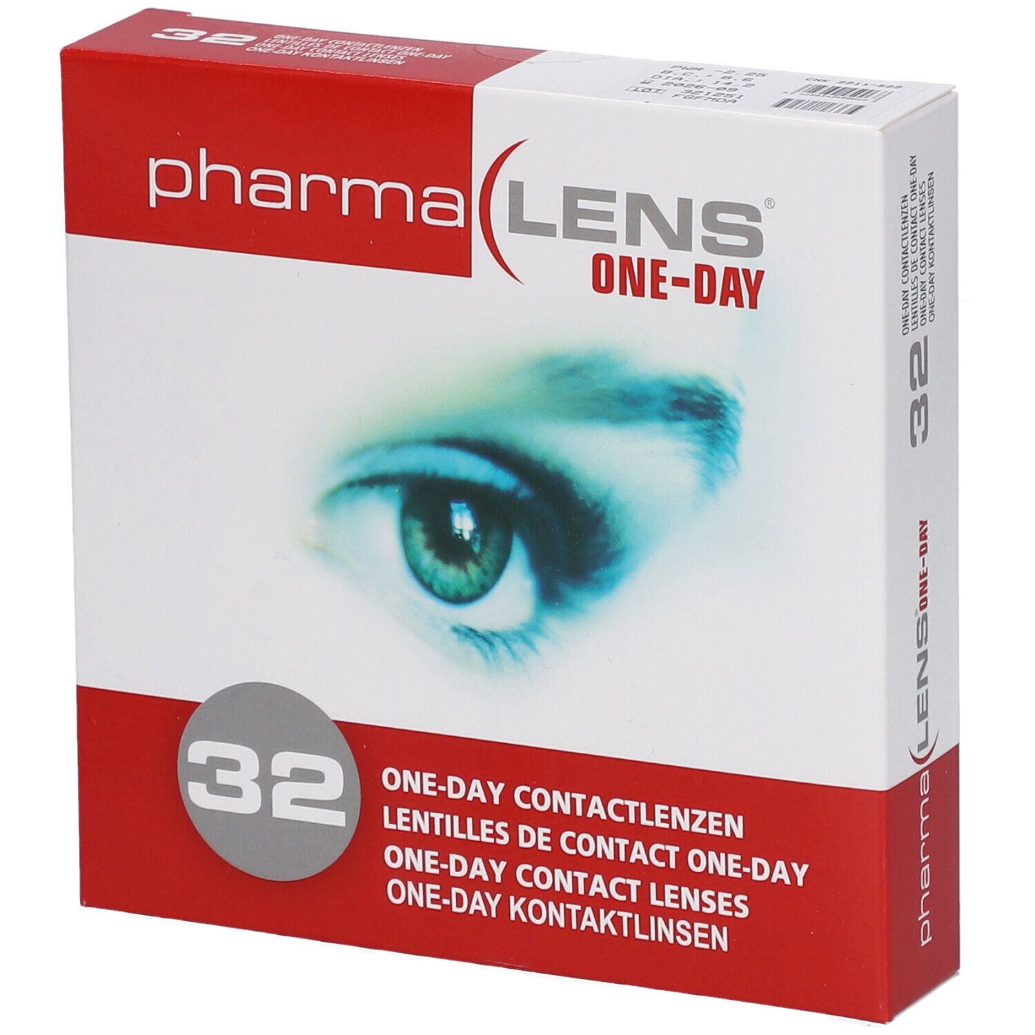 Boîte de lentilles de contact PharmaLens One-Day. Contient 32 lentilles. Boîte rouge et blanche avec motif d'œil.