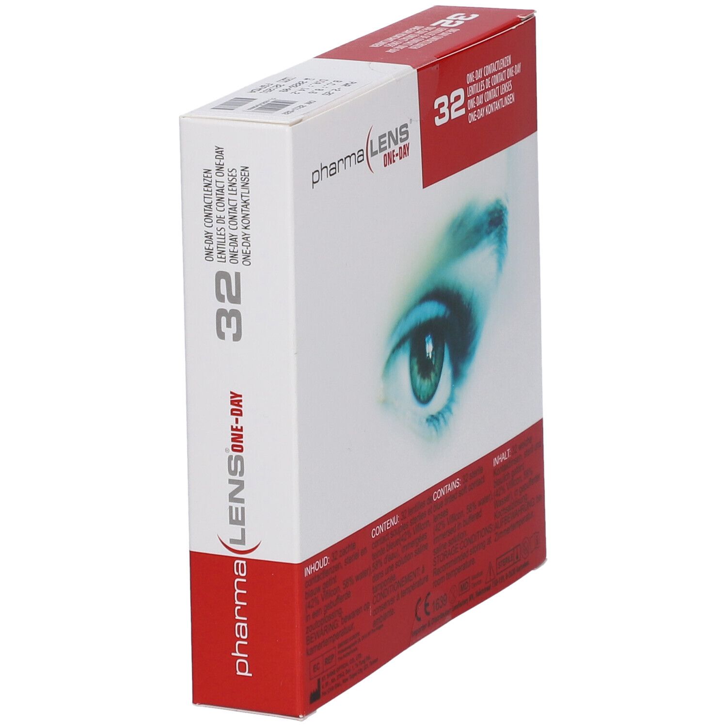 Boîte de lentilles de contact PharmaLens One-Day. 32 lentilles. Boîte rouge et blanche avec motif d'œil. Vue en biais.