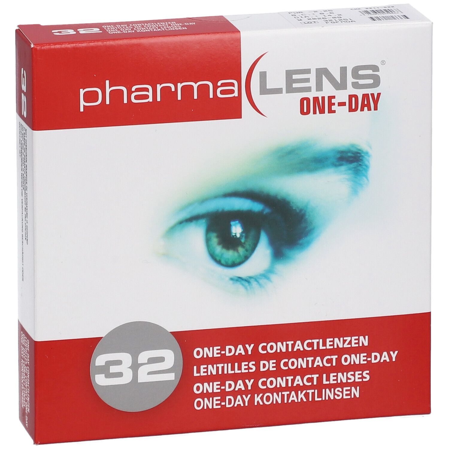 Boîte de lentilles de contact PharmaLens One-Day. 32 lentilles. Boîte rouge et blanche avec motif d'œil. Vue de face.