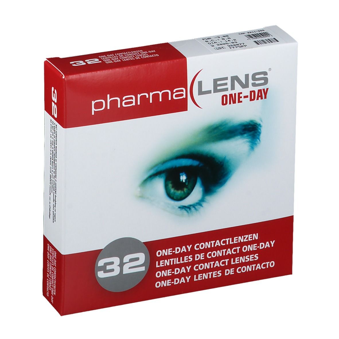 Boîte de lentilles de contact PharmaLens One-Day. 32 unités. Emballage rouge et blanc avec un œil.