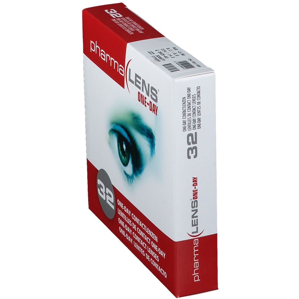 Boîte de lentilles PharmaLens One-Day en biais. 32 unités. Emballage rouge et blanc.