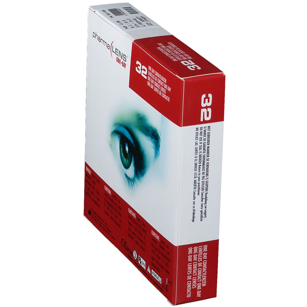 Boîte de lentilles PharmaLens One-Day en biais. 32 unités. Emballage rouge et blanc.