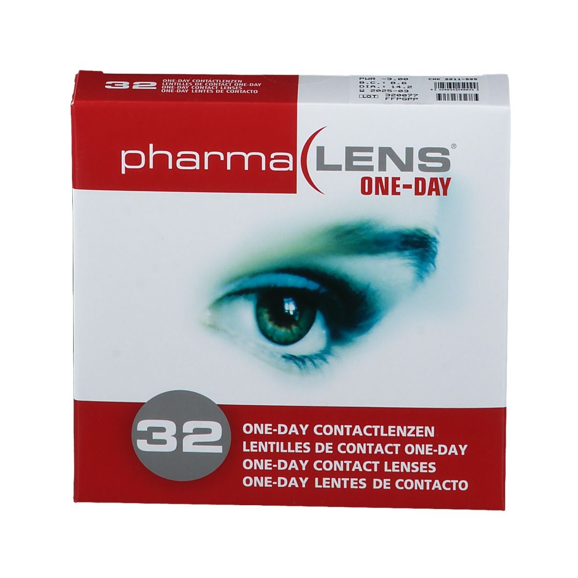 Boîte de lentilles de contact PharmaLens One-Day. 32 unités. Emballage rouge et blanc avec un œil.