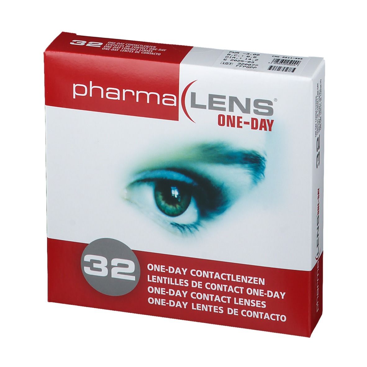 Boîte de lentilles de contact PharmaLens One-Day. 32 unités. Emballage rouge et blanc avec un œil.
