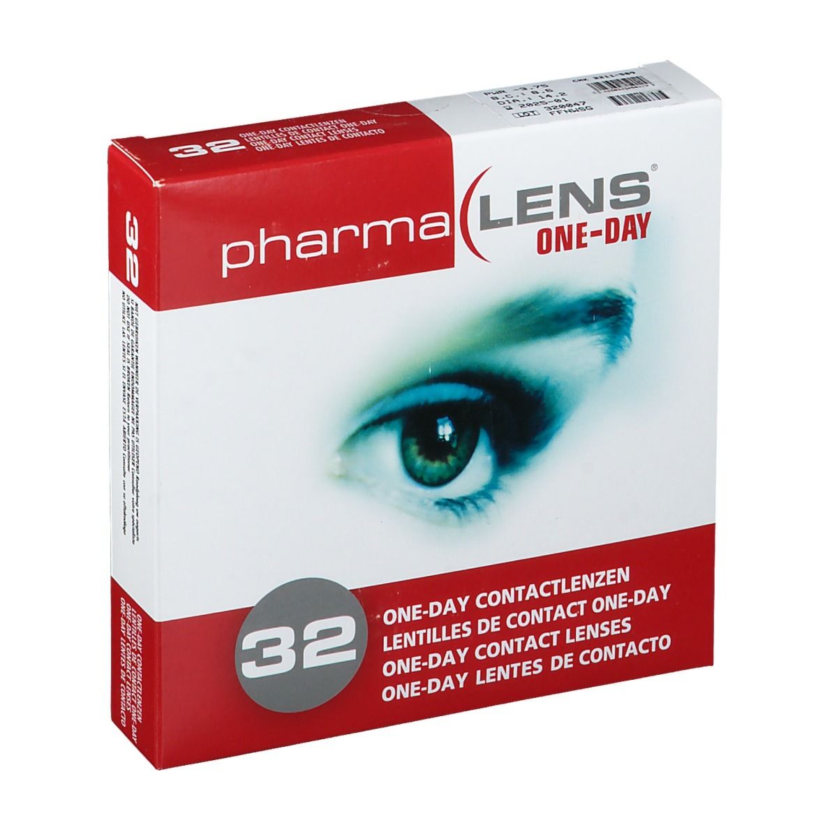 Boîte de lentilles de contact Pharma Lens One-Day, 32 unités. Image d'un œil. Texte en plusieurs langues.
