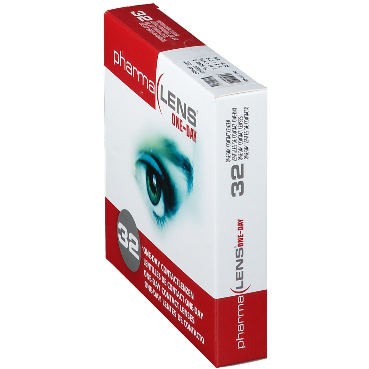 Boîte de lentilles de contact Pharma Lens One-Day en perspective, 32 unités. Image d'un œil.