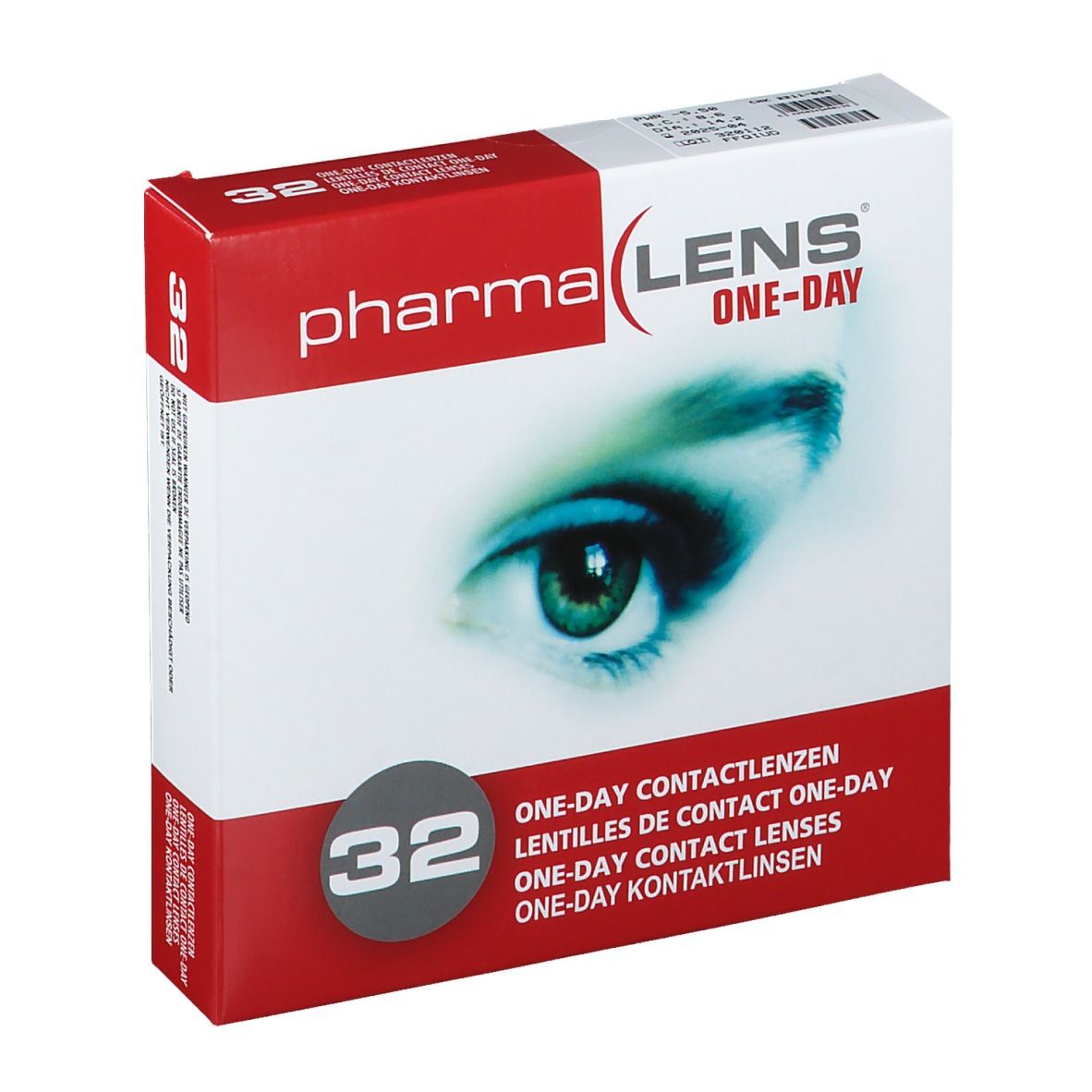 Boîte de lentilles de contact PharmaLens One-Day. Boîte rouge et blanche avec image d'œil et inscription "32".