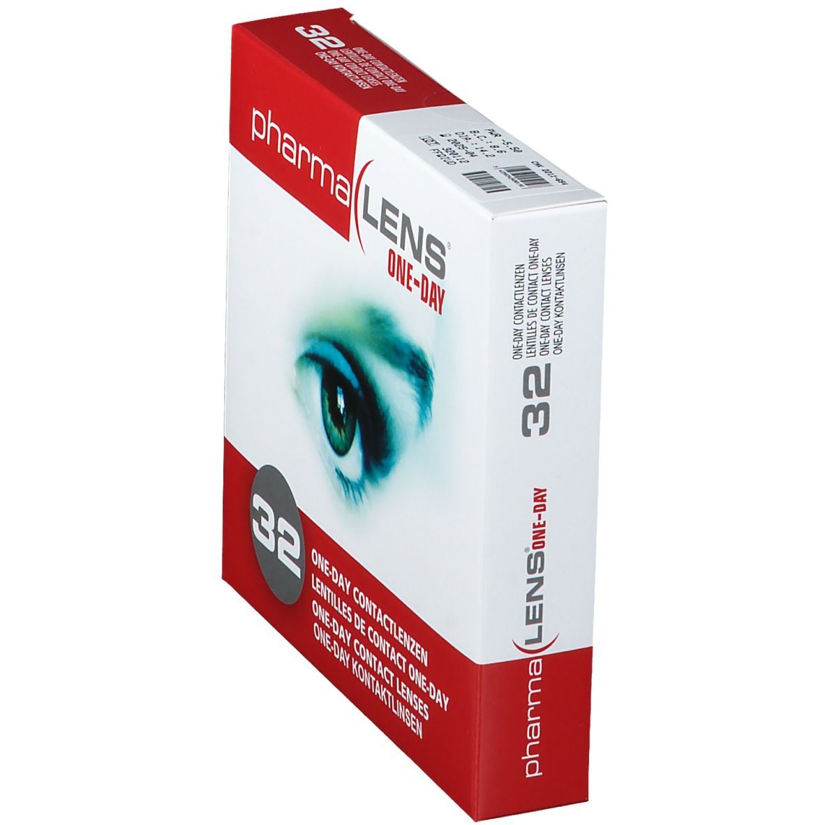 Vue en biais de l'emballage des lentilles de contact PharmaLens One-Day. Boîte rouge et blanche avec image d'œil et "32".