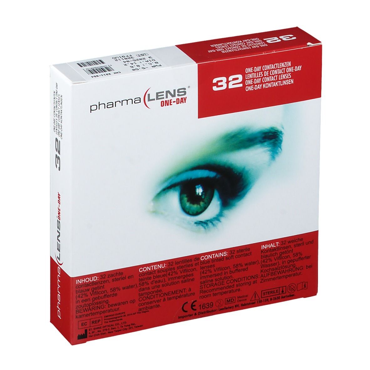 Emballage de lentilles de contact PharmaLens One-Day. Boîte rouge et blanche avec image d'œil, texte et inscription "32".