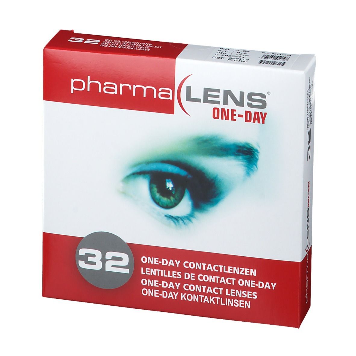 Emballage de lentilles de contact PharmaLens One-Day. Boîte rouge et blanche avec image d'œil et inscription "32".
