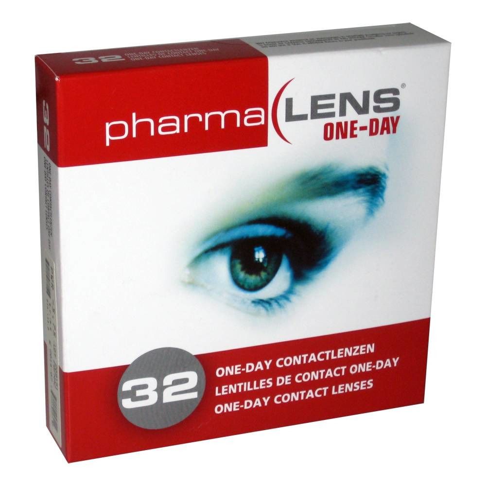 Boîte de lentilles de contact Pharma Lens One-Day. Carton rouge et blanc avec nom du produit, image d'œil et nombre 32.