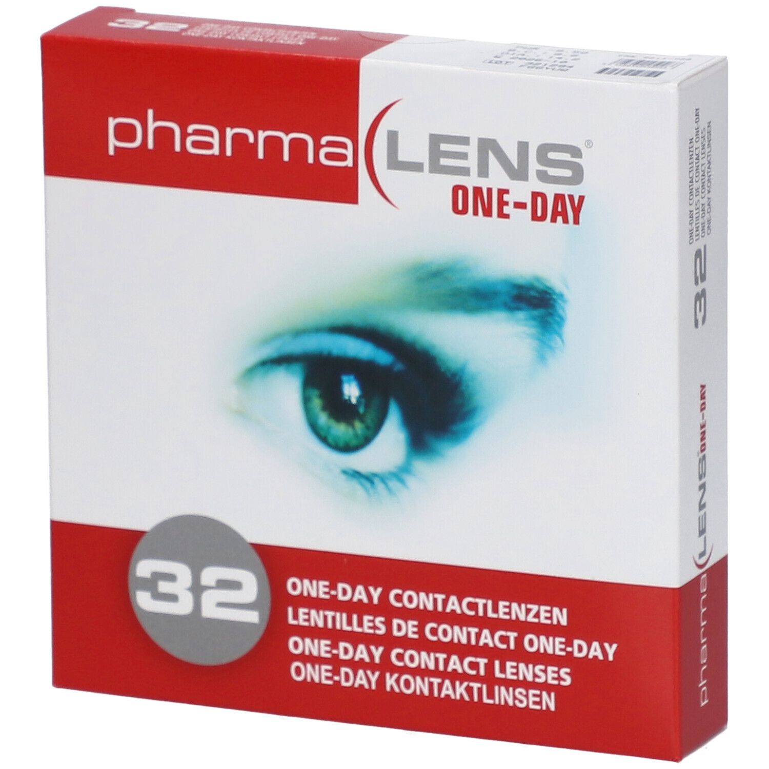 Boîte de lentilles de contact PharmaLens. Carton rouge et blanc avec nom du produit, 32 unités, et image d'un œil.