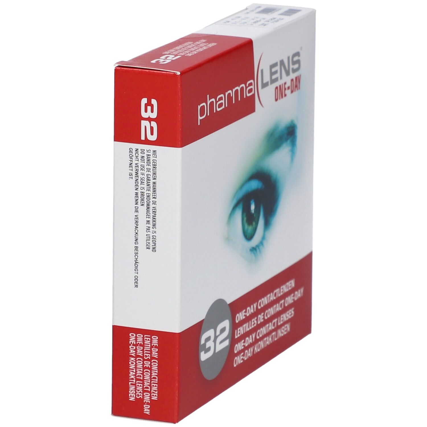Vue en biais de la boîte de lentilles PharmaLens. Carton rouge et blanc avec nom du produit, 32 unités, et image d'un œil.