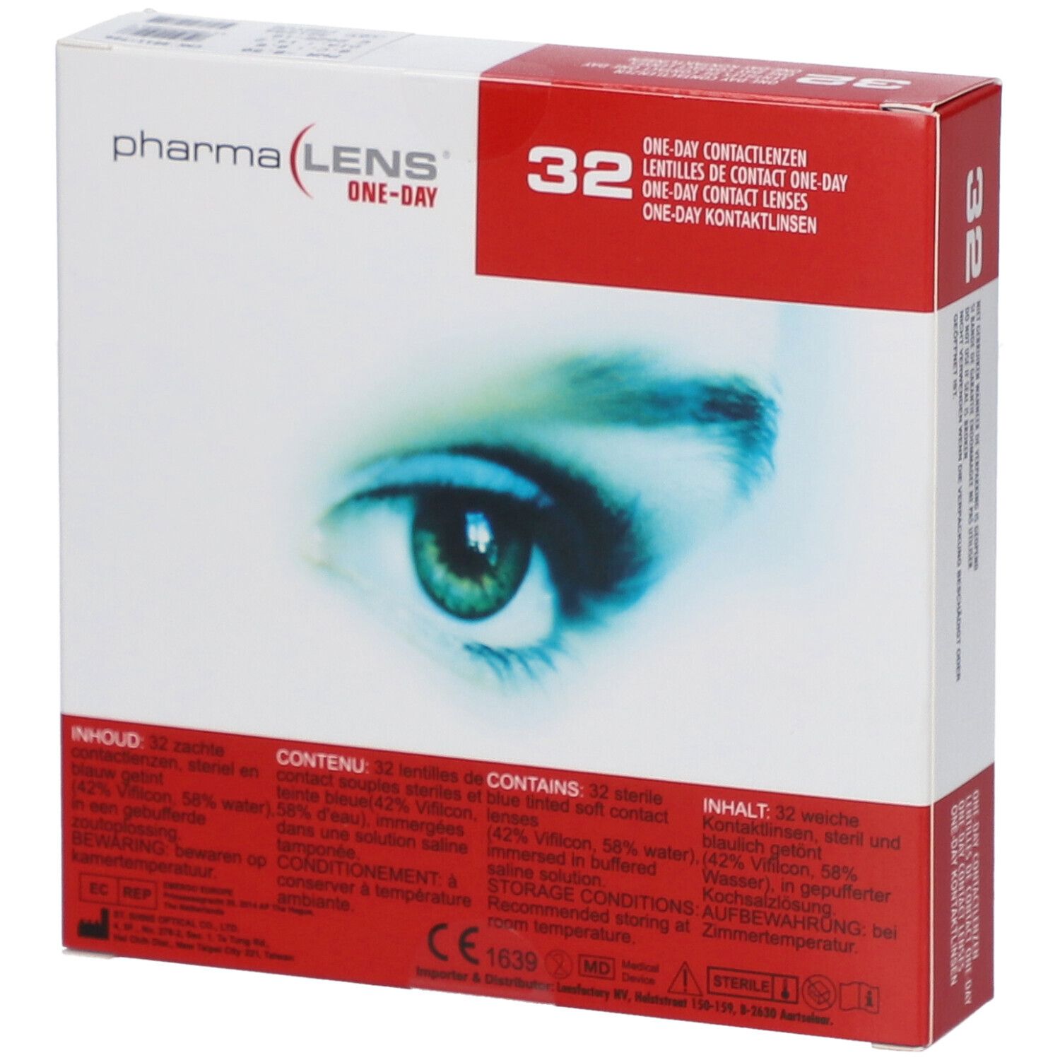 Boîte de lentilles PharmaLens. Carton rouge et blanc avec nom du produit, 32 unités, et image d'un œil. Texte multilingue.