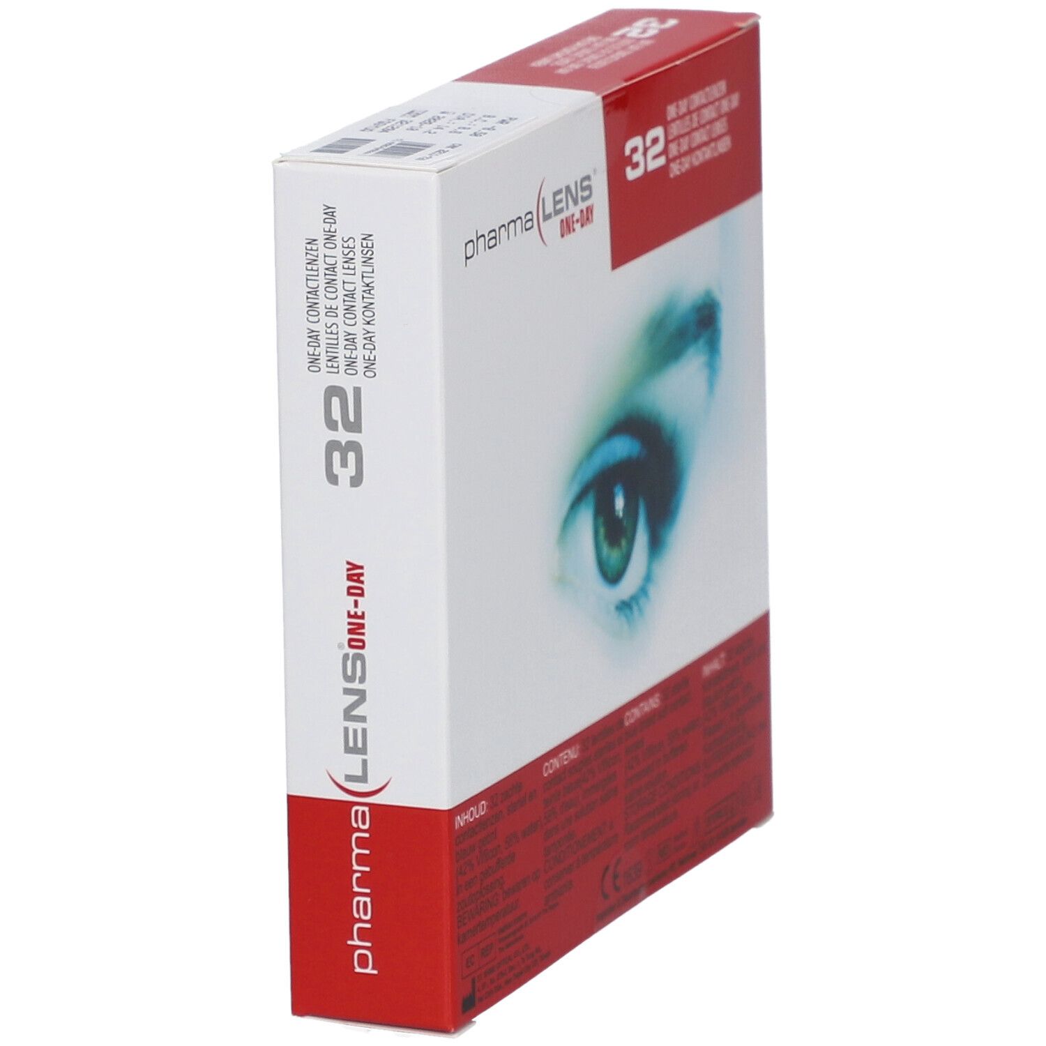 Vue en biais de la boîte de lentilles PharmaLens. Carton rouge et blanc avec nom du produit, 32 unités, et image d'un œil.
