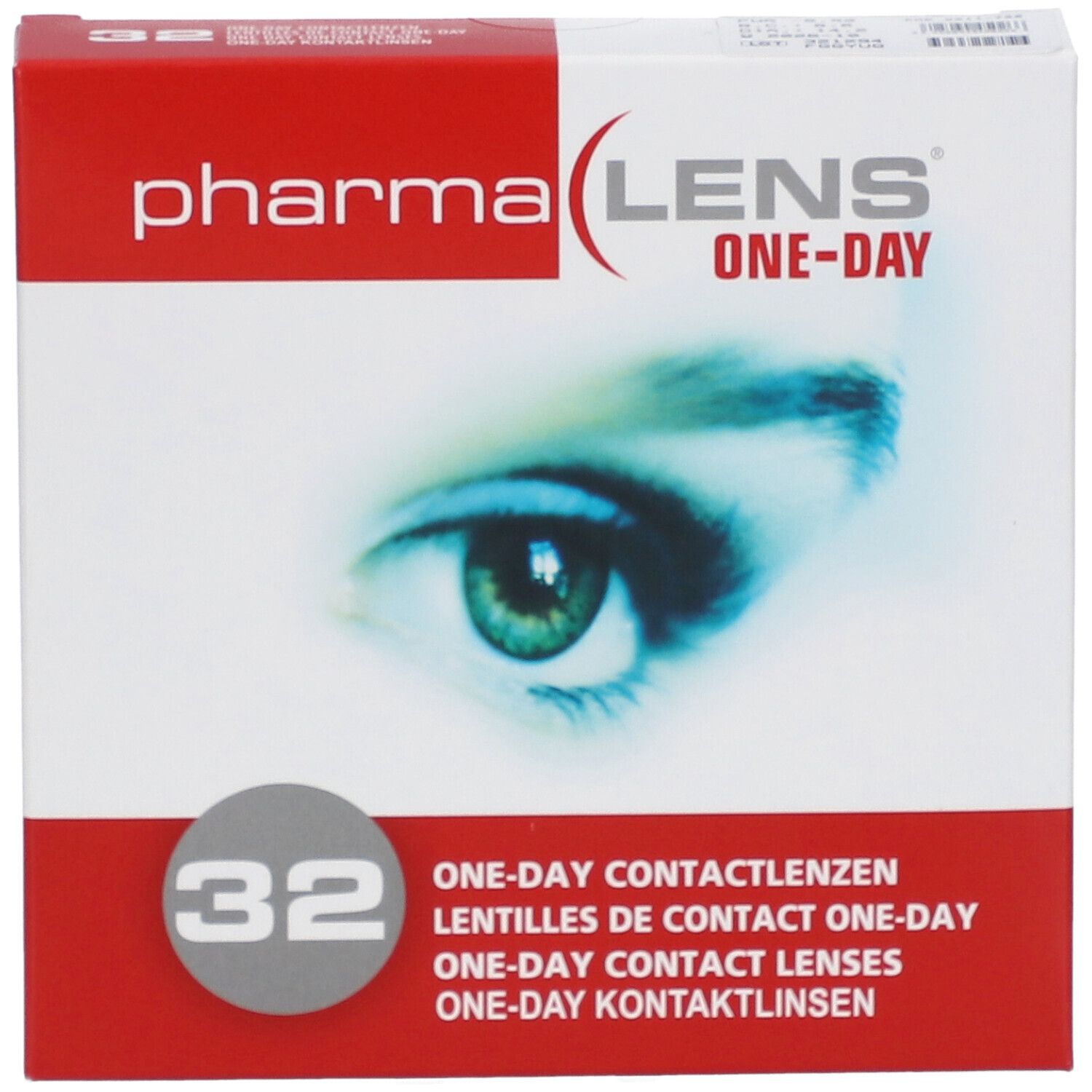 Boîte de lentilles PharmaLens. Carton rouge et blanc avec nom du produit, 32 unités, et image d'un œil.