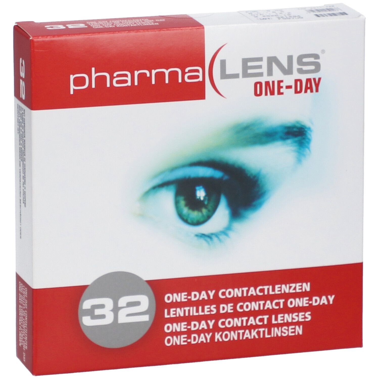 Boîte de lentilles PharmaLens. Carton rouge et blanc avec nom du produit, 32 unités, et image d'un œil.