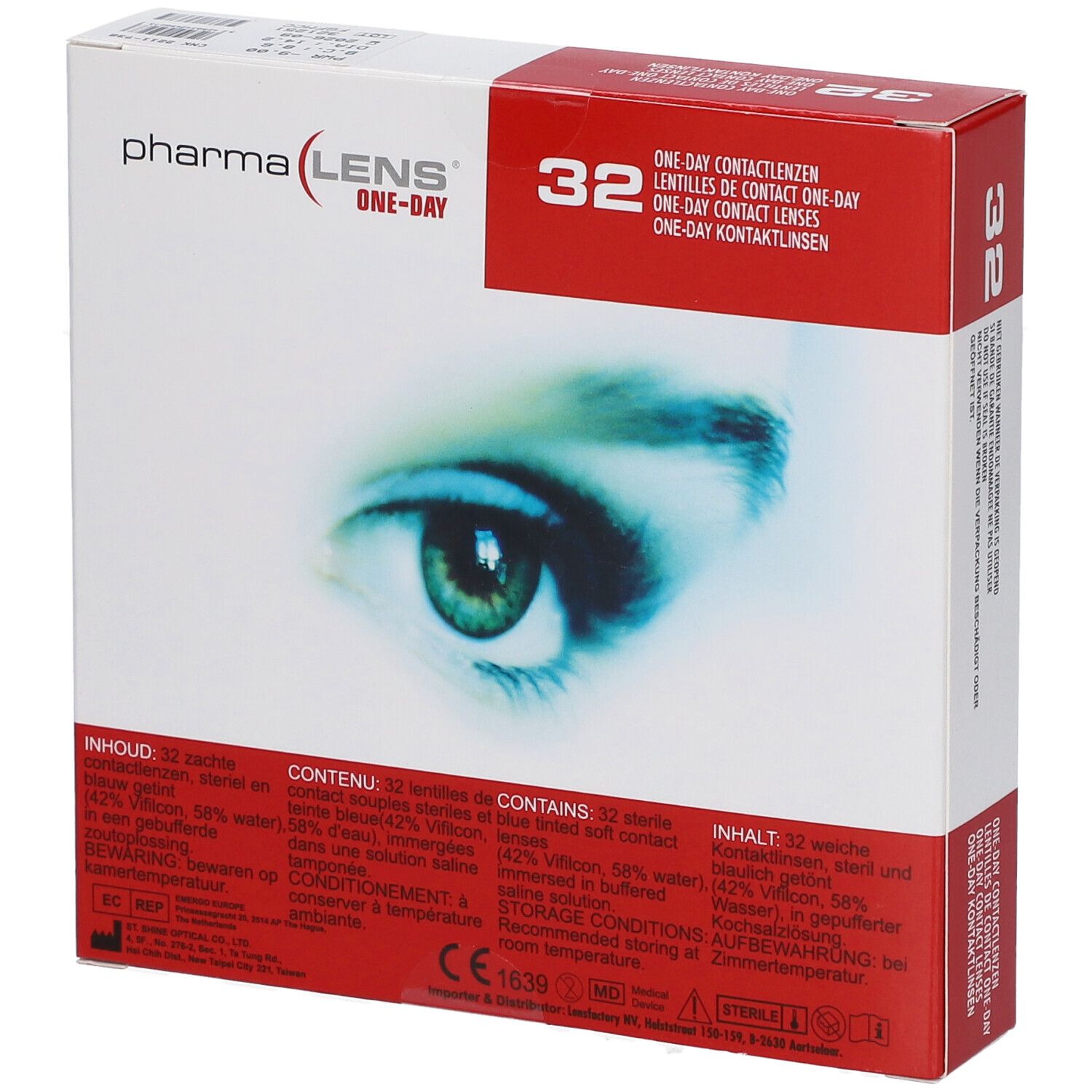 Boîte de lentilles PharmaLens One-Day. Contient 32 lentilles. Informations détaillées et composition.