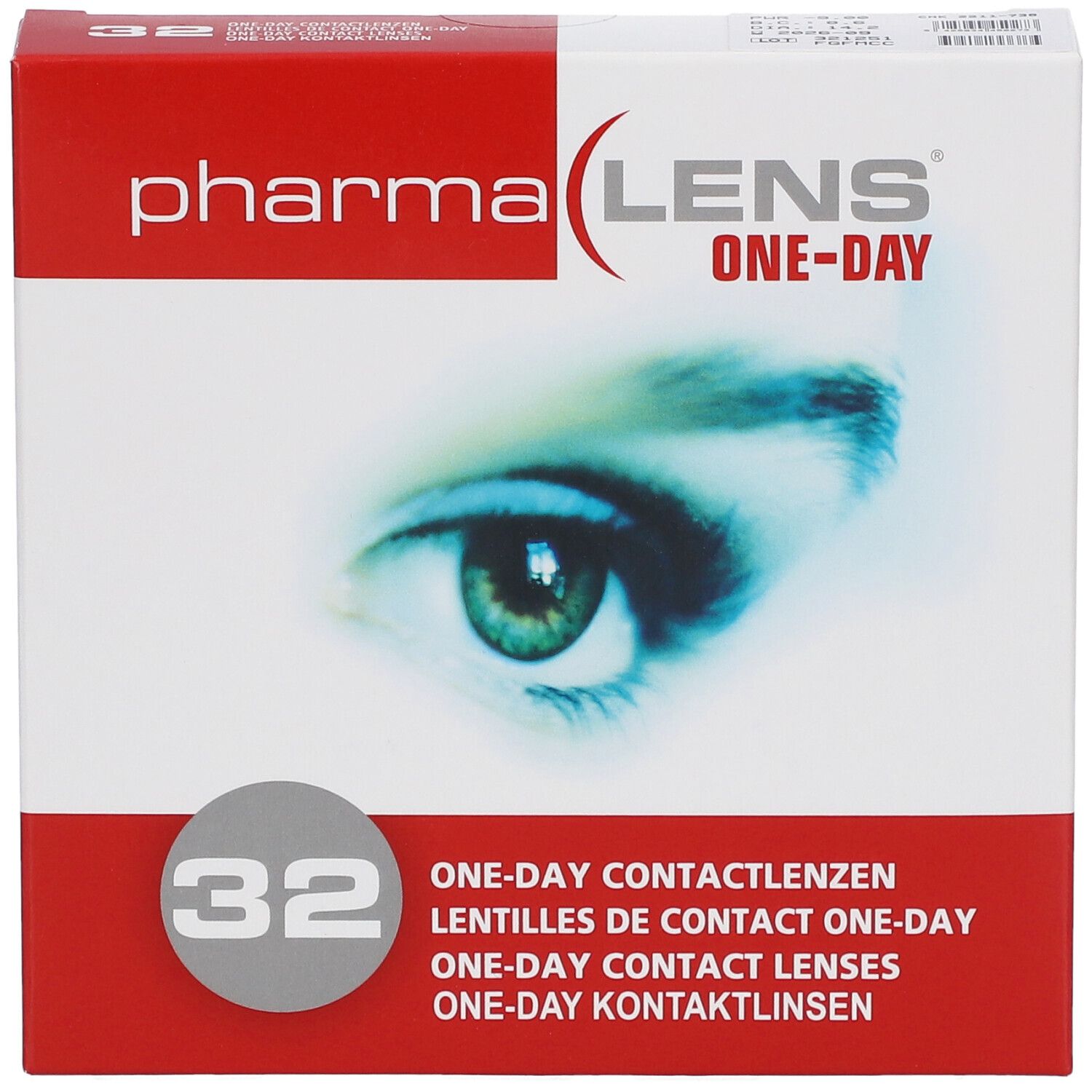 Boîte de lentilles de contact PharmaLens One-Day. Contient 32 lentilles. Inscriptions multilingues.
