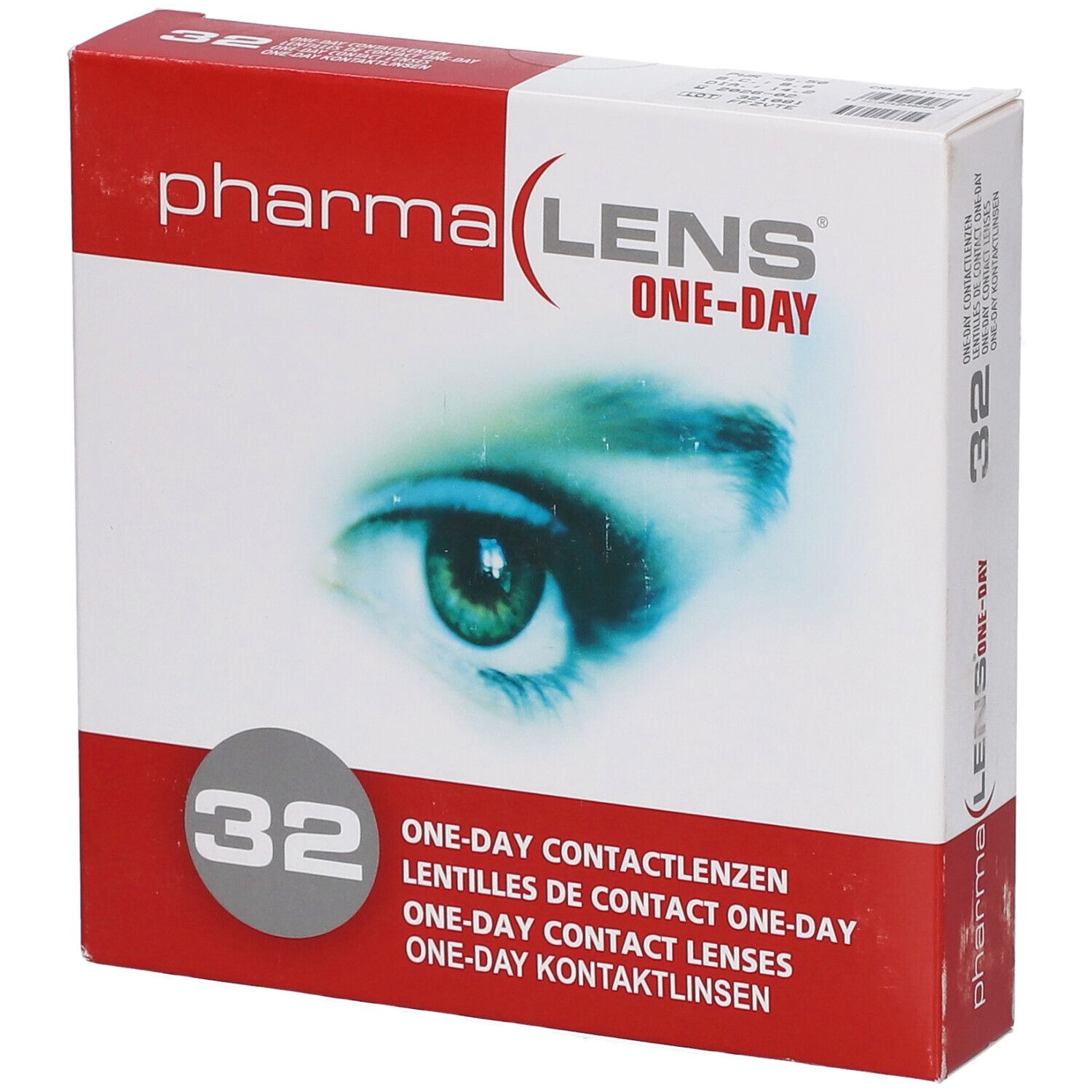 Boîte de lentilles de contact PharmaLens One-Day, contenant 32 lentilles. Motif d'œil imprimé.