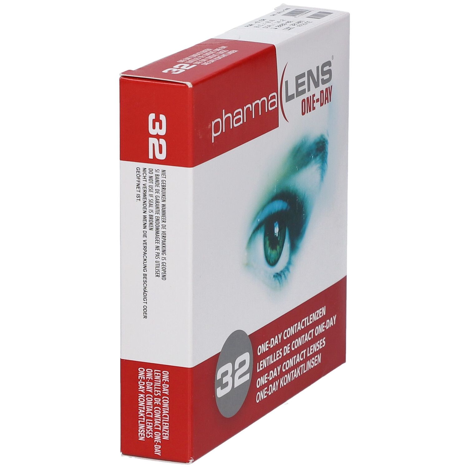 Vue en biais de la boîte de lentilles PharmaLens One-Day. Contient 32 lentilles. Motif d'œil.