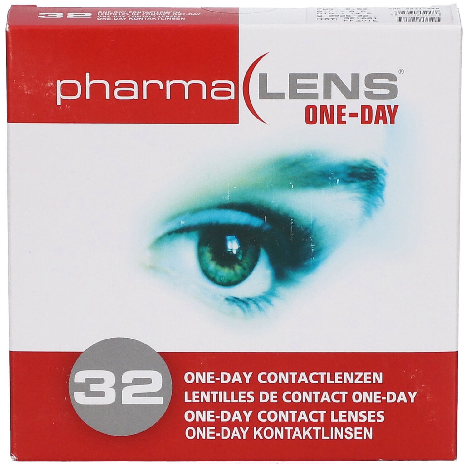 Boîte de lentilles de contact PharmaLens One-Day, contenant 32 lentilles. Motif d'œil imprimé.