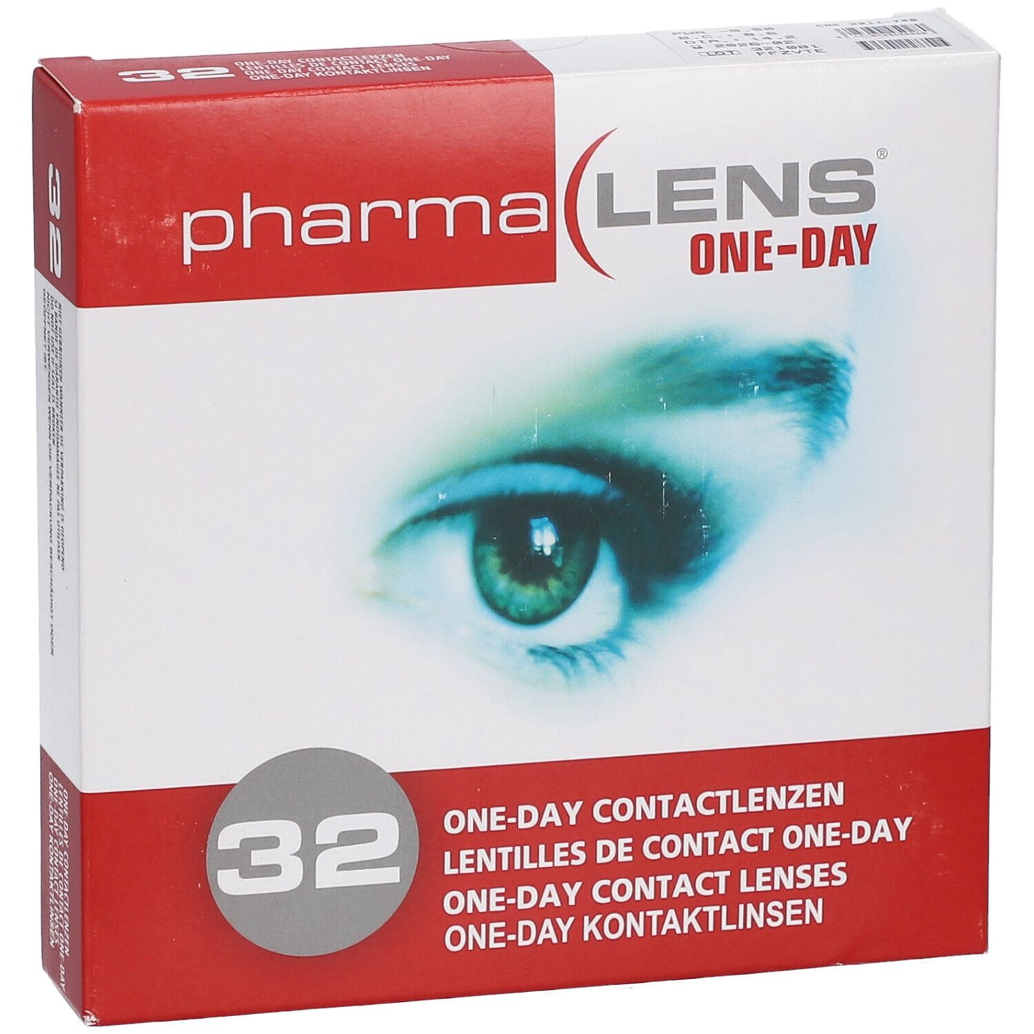 Boîte de lentilles de contact PharmaLens One-Day, contenant 32 lentilles. Motif d'œil imprimé.