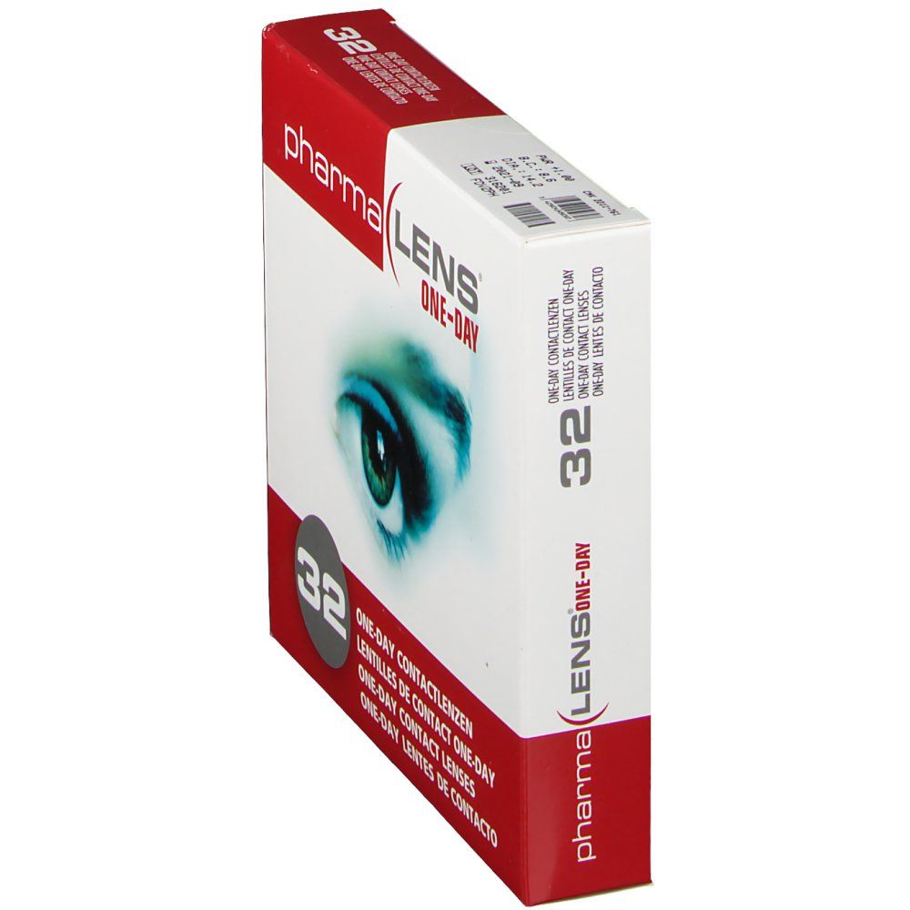 Boîte de lentilles de contact PharmaLens One-Day, en biais. Boîte rouge et blanche avec image d'œil et texte. 32 lentilles.