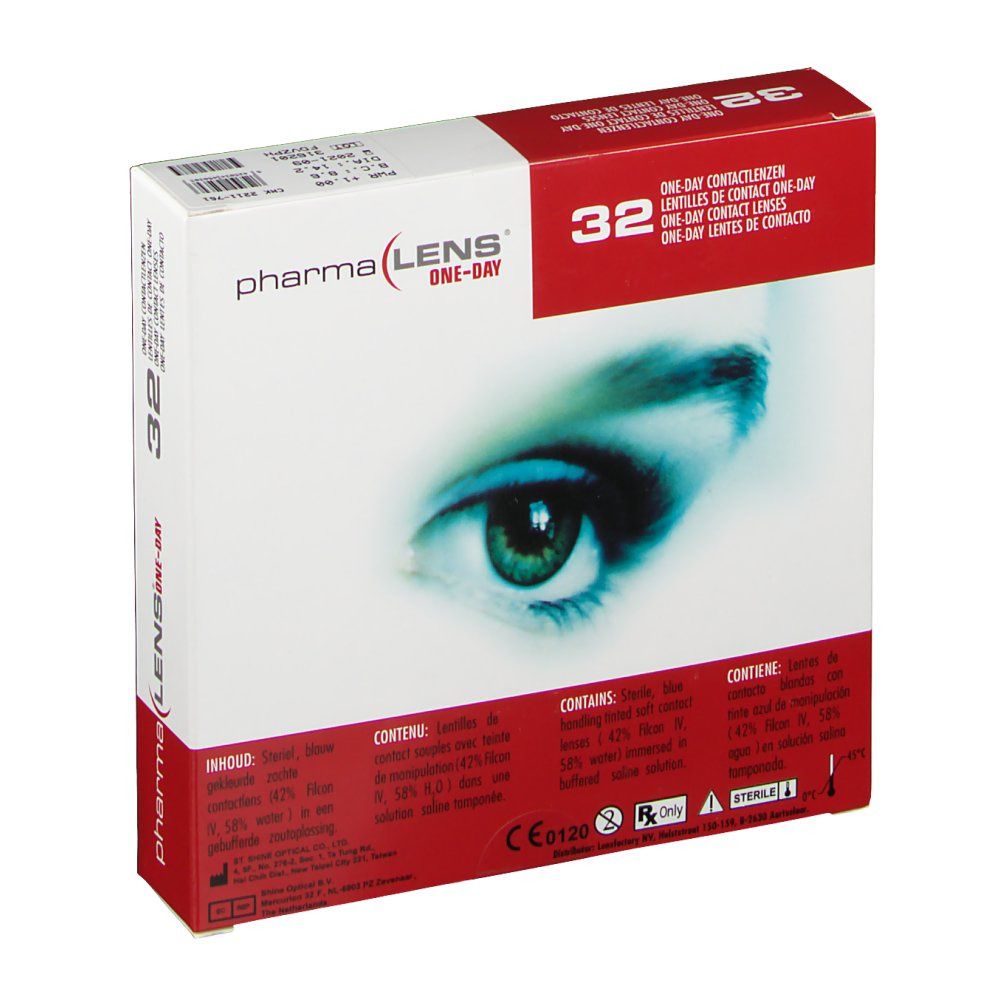 Boîte de lentilles de contact PharmaLens One-Day. Boîte rouge et blanche avec image d'œil, texte et informations. 32 lentilles.