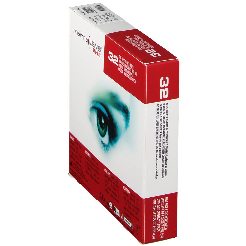 Boîte de lentilles de contact PharmaLens One-Day, en biais. Boîte rouge et blanche avec image d'œil, texte et informations. 32 lentilles.